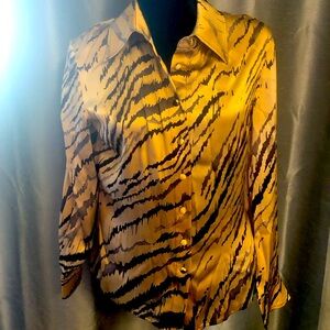 St. John Gold and Brown Animal Print Button Down Shirt